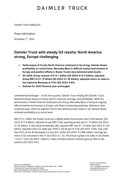 Daimler Truck with steady Q3 results: North America strong, Europe challenging