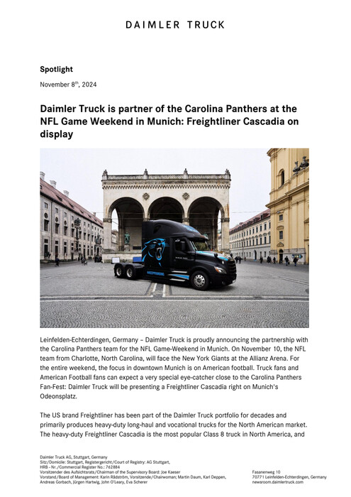 Daimler Truck is partner of the Carolina Panthers at the NFL Game Weekend in Munich: Freightliner Cascadia on display