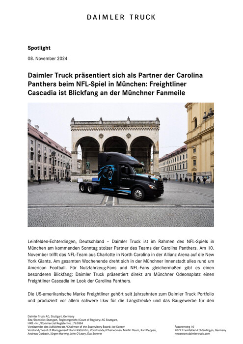 Daimler Truck präsentiert sich als Partner der Carolina Panthers beim NFL-Spiel in München: Freightliner Cascadia ist Blickfang an der Münchner Fanmeile