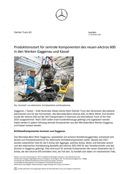 Produktionsstart für zentrale Komponenten des neuen eActros 600 in den Werken Gaggenau und Kassel