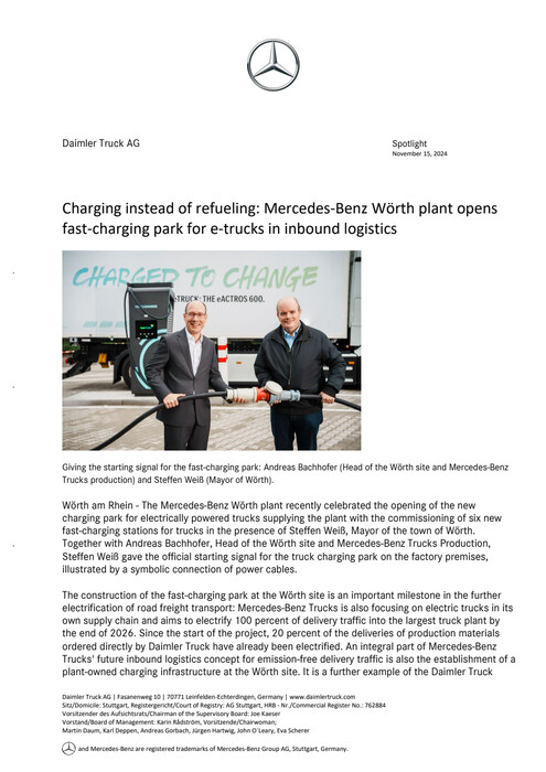 Charging instead of refueling: Mercedes-Benz Wörth plant opens fast-charging park for e-trucks in inbound logistics