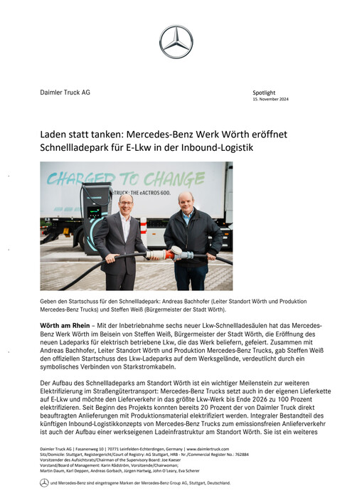 Laden statt tanken: Mercedes-Benz Werk Wörth eröffnet Schnellladepark für E-Lkw in der Inbound-Logistik