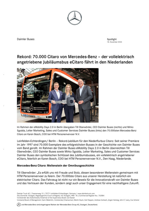 Rekord: 70.000 Citaro von Mercedes-Benz – der vollelektrisch angetriebene Jubiläumsbus eCitaro fährt in den Niederlanden