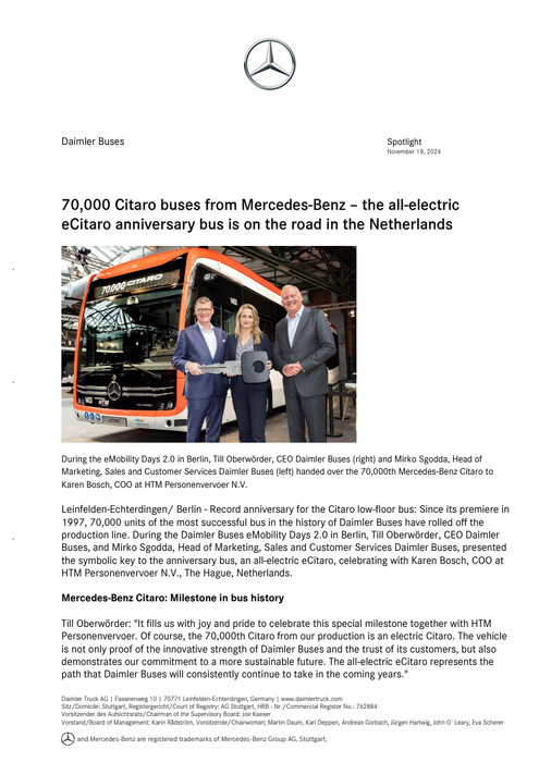 70,000 Citaro buses from Mercedes-Benz – the all-electric eCitaro anniversary bus is on the road in the Netherlands