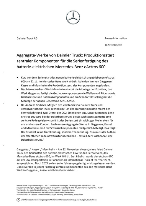 Aggregate-Werke von Daimler Truck: Produktionsstart zentraler Komponenten für die Serienfertigung des batterie-elektrischen Mercedes-Benz eActros 600