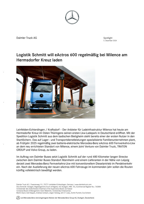 Logistik Schmitt will eActros 600 regelmäßig bei Milence am Hermsdorfer Kreuz laden