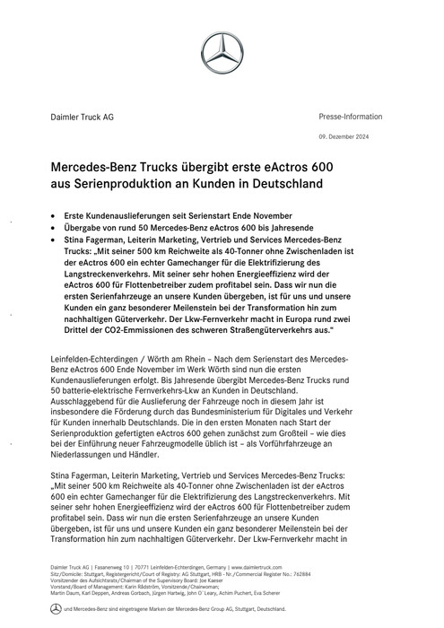 Mercedes-Benz Trucks übergibt erste eActros 600 aus Serienproduktion an Kunden in Deutschland