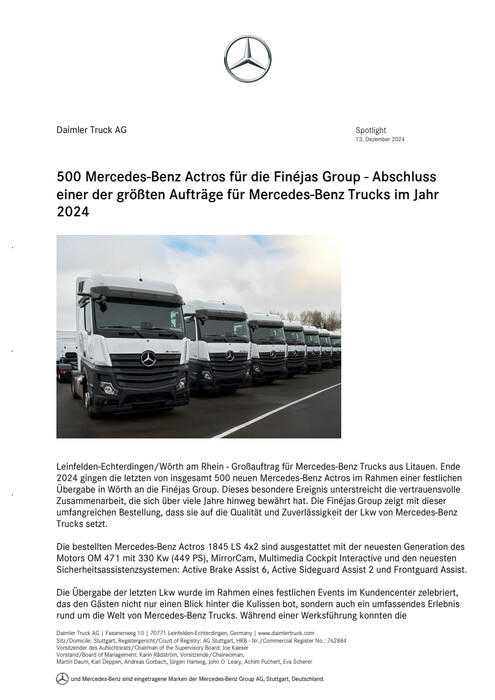 500 Mercedes-Benz Actros für die Finéjas Group - Abschluss einer der größten Aufträge für Mercedes-Benz Trucks im Jahr 2024