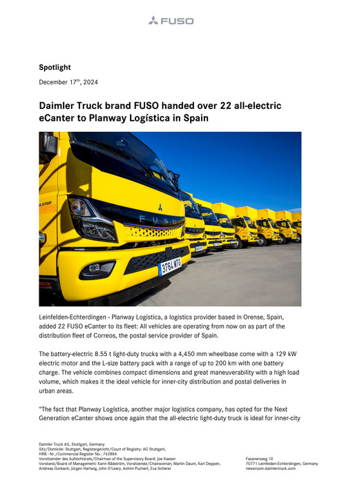 Daimler Truck brand FUSO handed over 22 all-electric eCanter to Planway Logística in Spain