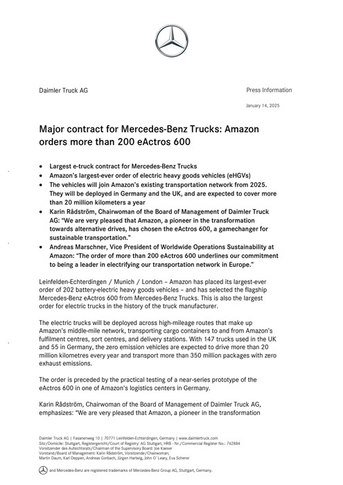 Major contract for Mercedes-Benz Trucks: Amazon orders more than 200 eActros 600