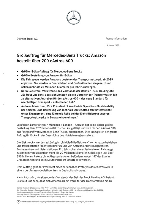 Großauftrag für Mercedes-Benz Trucks: Amazon bestellt über 200 eActros 600