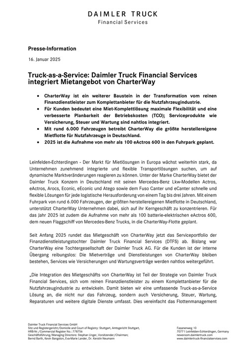 Truck-as-a-Service: Daimler Truck Financial Services integriert Mietangebot von CharterWay