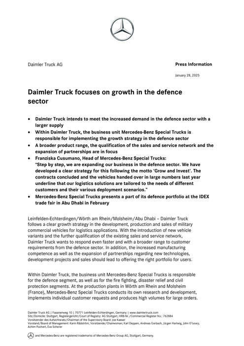 Daimler Truck focuses on growth in the defence sector