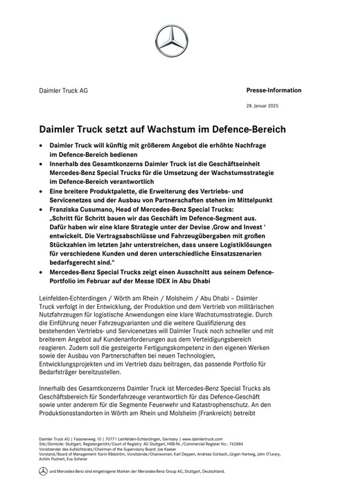 Daimler Truck setzt auf Wachstum im Defence-Bereich