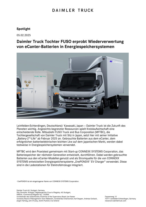 Daimler Truck Tochter FUSO erprobt Wiederverwertung von eCanter-Batterien in Energiespeichersystemen