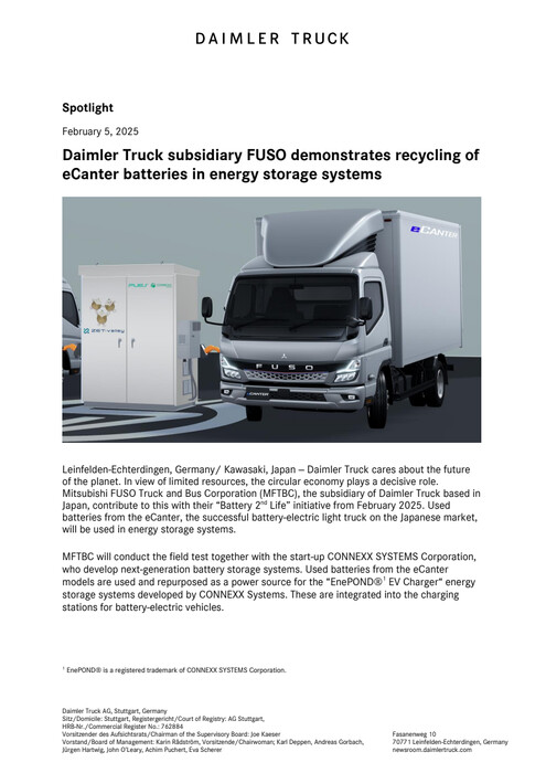 Daimler Truck subsidiary FUSO demonstrates recycling of eCanter batteries in energy storage systems