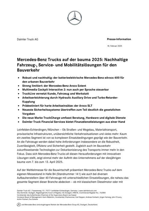 Mercedes-Benz Trucks auf der bauma 2025: Nachhaltige Fahrzeug-, Service- und Mobilitätslösungen für den Bauverkehr