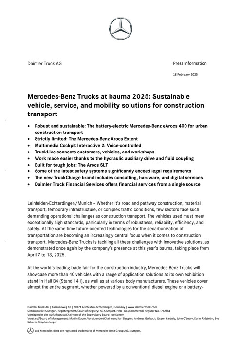 Mercedes-Benz Trucks at bauma 2025: Sustainable vehicle, service, and mobility solutions for construction transport