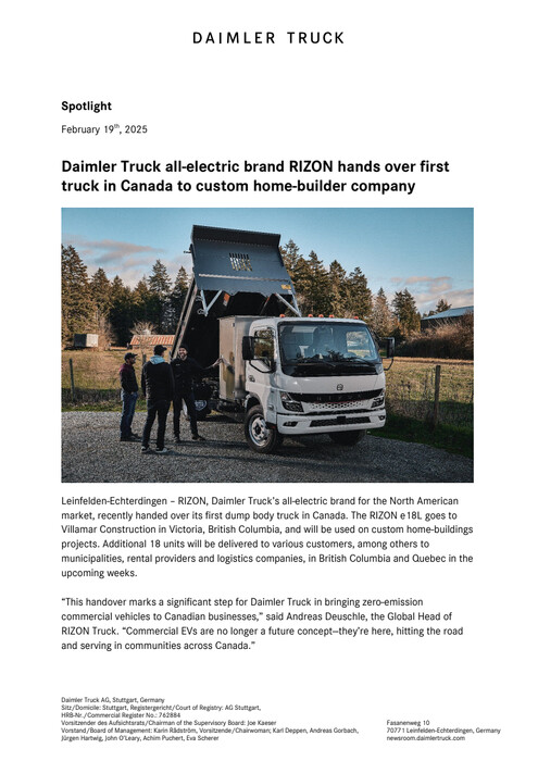 Daimler Truck all-electric brand RIZON hands over first truck in Canada to custom home-builder company