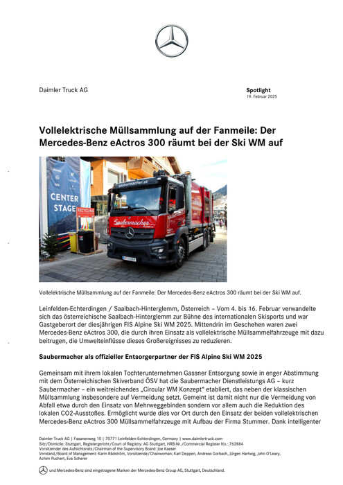 Vollelektrische Müllsammlung auf der Fanmeile: Der Mercedes-Benz eActros 300 räumt bei der Ski WM auf