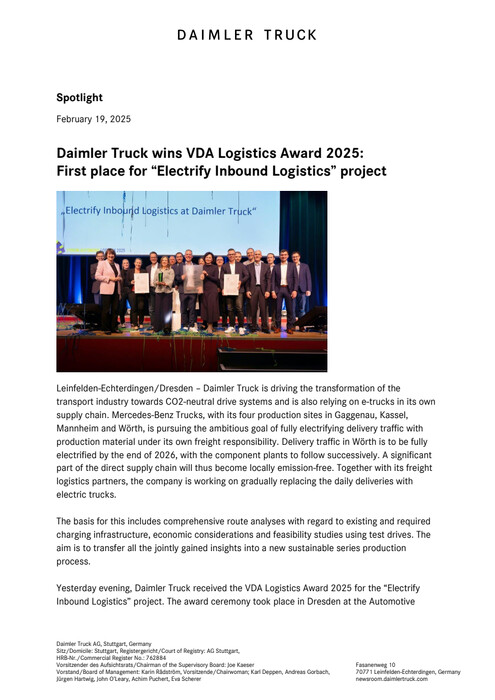 Daimler Truck wins VDA Logistics Award 2025:  First place for “Electrify Inbound Logistics” project