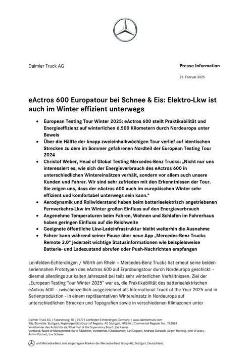 eActros 600 Europatour bei Schnee & Eis: Elektro-Lkw ist auch im Winter effizient unterwegs