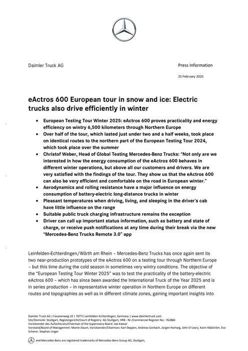 eActros 600 European tour in snow and ice: Electric trucks also drive efficiently in winter