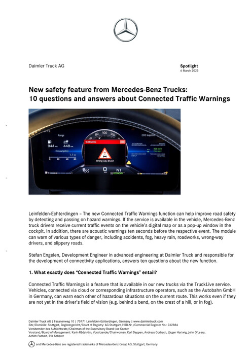 New safety feature from Mercedes-Benz Trucks: 10 questions and answers about Connected Traffic Warnings