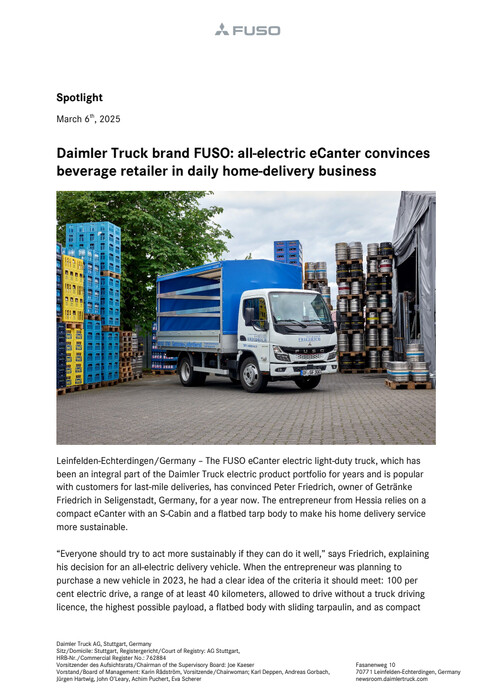 Daimler Truck brand FUSO: all-electric eCanter convinces beverage retailer in daily home-delivery business