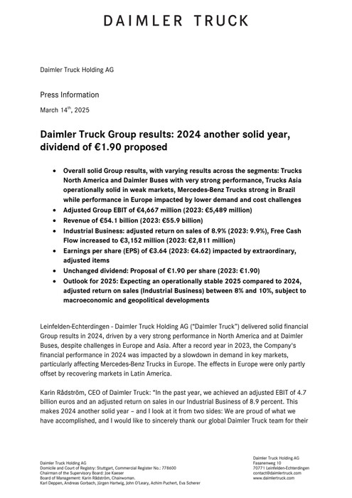 Daimler Truck Group results: 2024 another solid year, dividend of €1.90 proposed