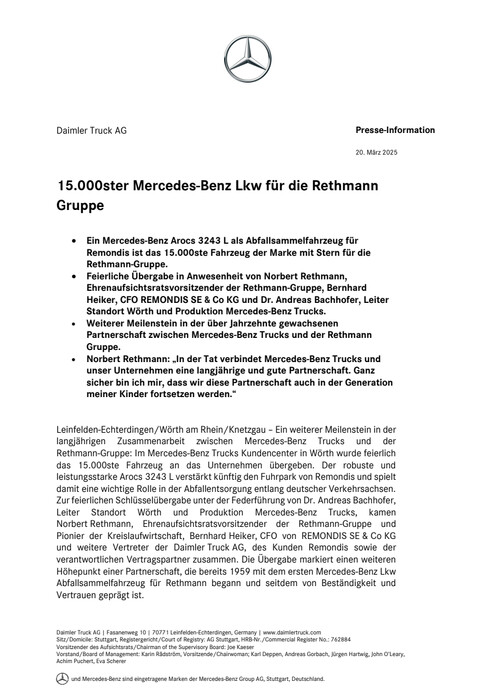 15.000ster Mercedes-Benz Lkw für die Rethmann Gruppe