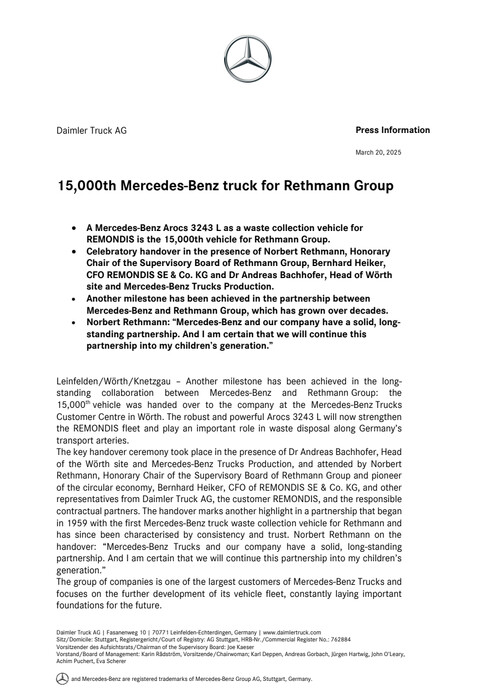 15,000th Mercedes-Benz truck for Rethmann Group