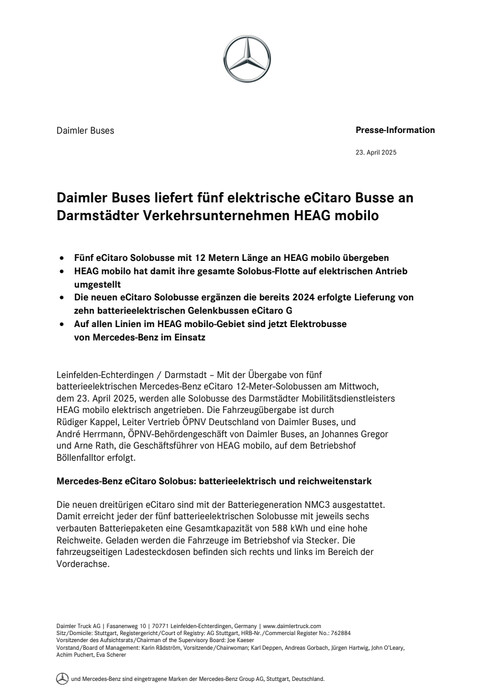 Daimler Buses liefert fünf elektrische eCitaro Busse an Darmstädter Verkehrsunternehmen HEAG mobilo