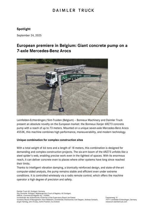 European premiere in Belgium: Giant concrete pump on a 7-axle Mercedes-Benz Arocs