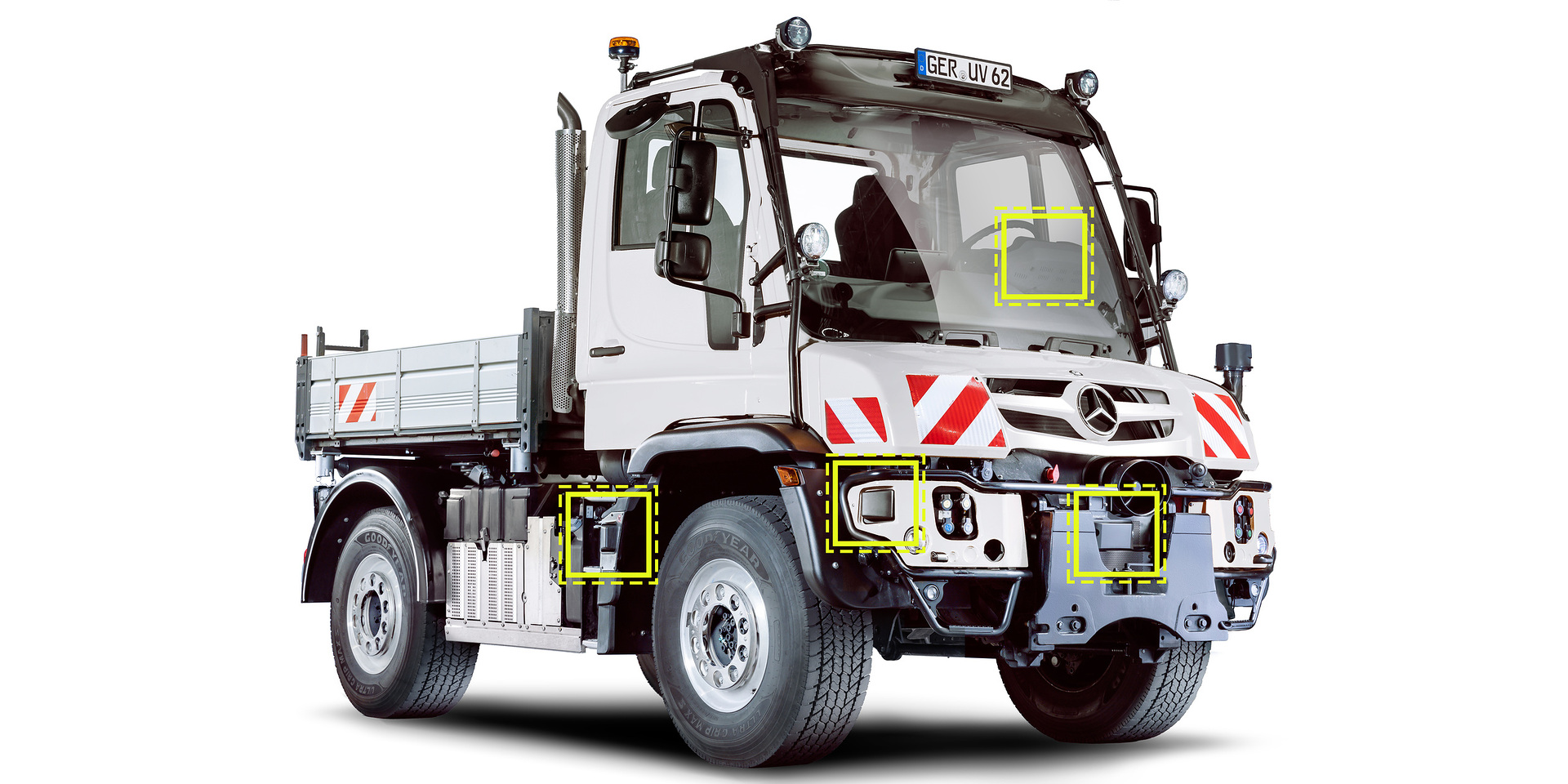 Unimog implement carrier with GSR features: Attention Assist, Traffic Sign Assist, Sideguard Assist 2, Frontguard Assist, and pre-installation for alcohol tester. Front and rear cameras with monitor provide additional visibility. The Unimog for modern agriculture: three implement carriers at Agritechnica