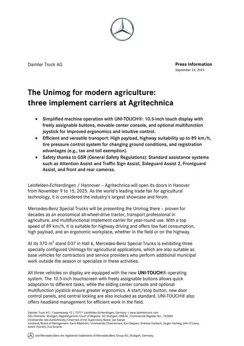 The Unimog for modern agriculture: three implement carriers at Agritechnica