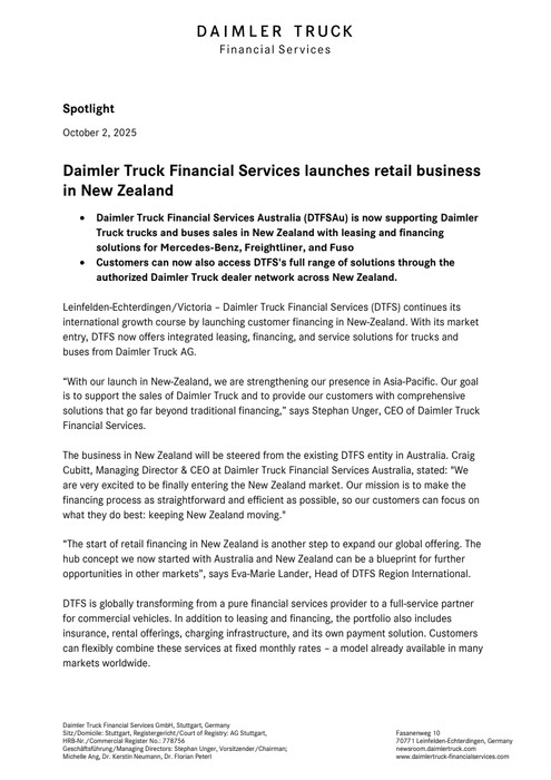 Daimler Truck Financial Services launches retail business in New Zealand